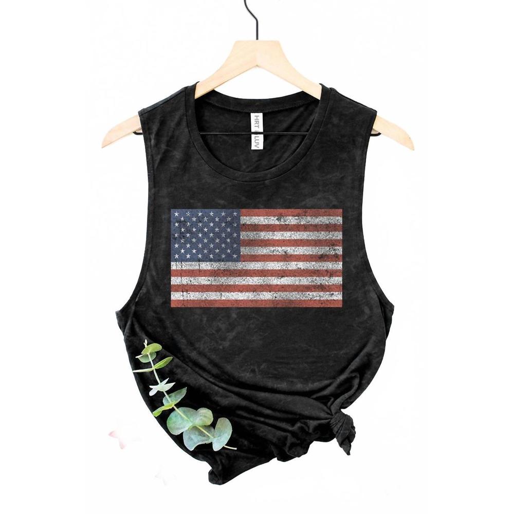 NEW HRT & LUV vintage american flags graphic tank top in black